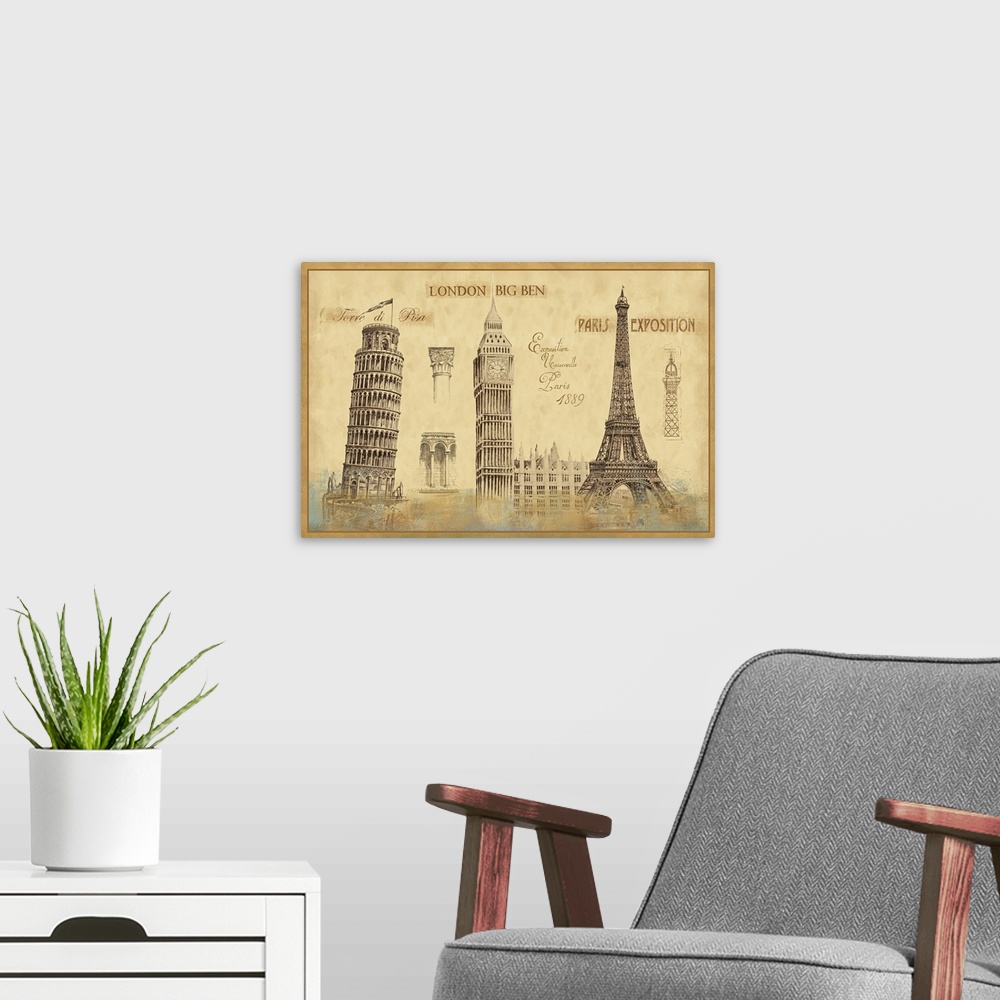 A modern room featuring Oversized, horizontal, vintage wall hanging of sketches of well known European Architecture, incl...