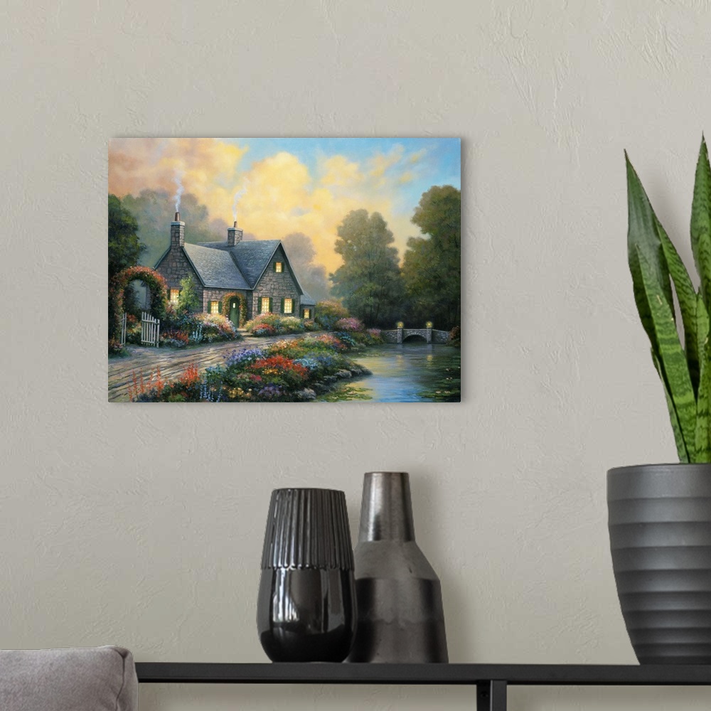 A modern room featuring stone cottage, smoke rising from chimney, colorful flowers at the edge of a small river/creek