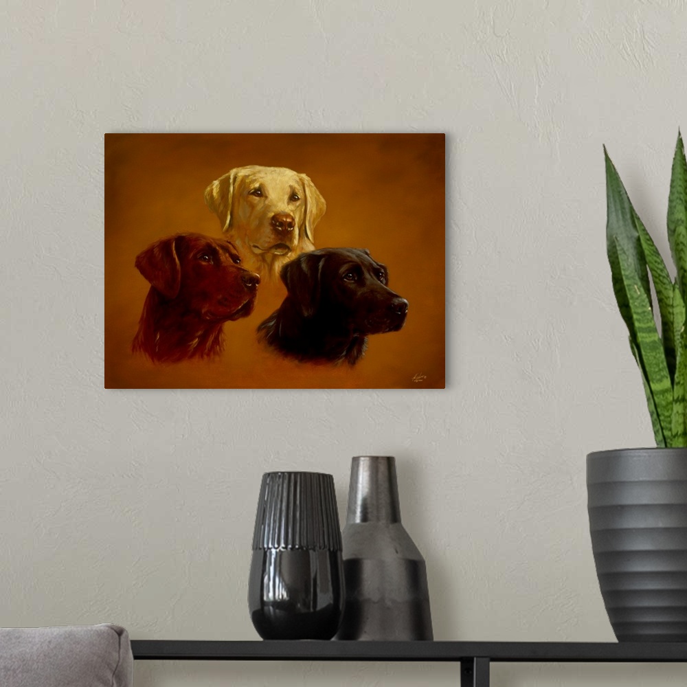 A modern room featuring Contemporary painting of three portraits of different labrador retrievers.