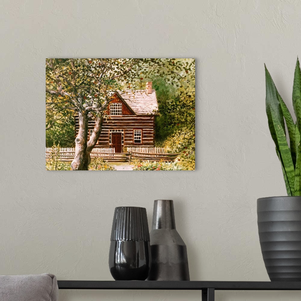 A modern room featuring Contemporary artwork of a log cabin behind a fence and a tree.