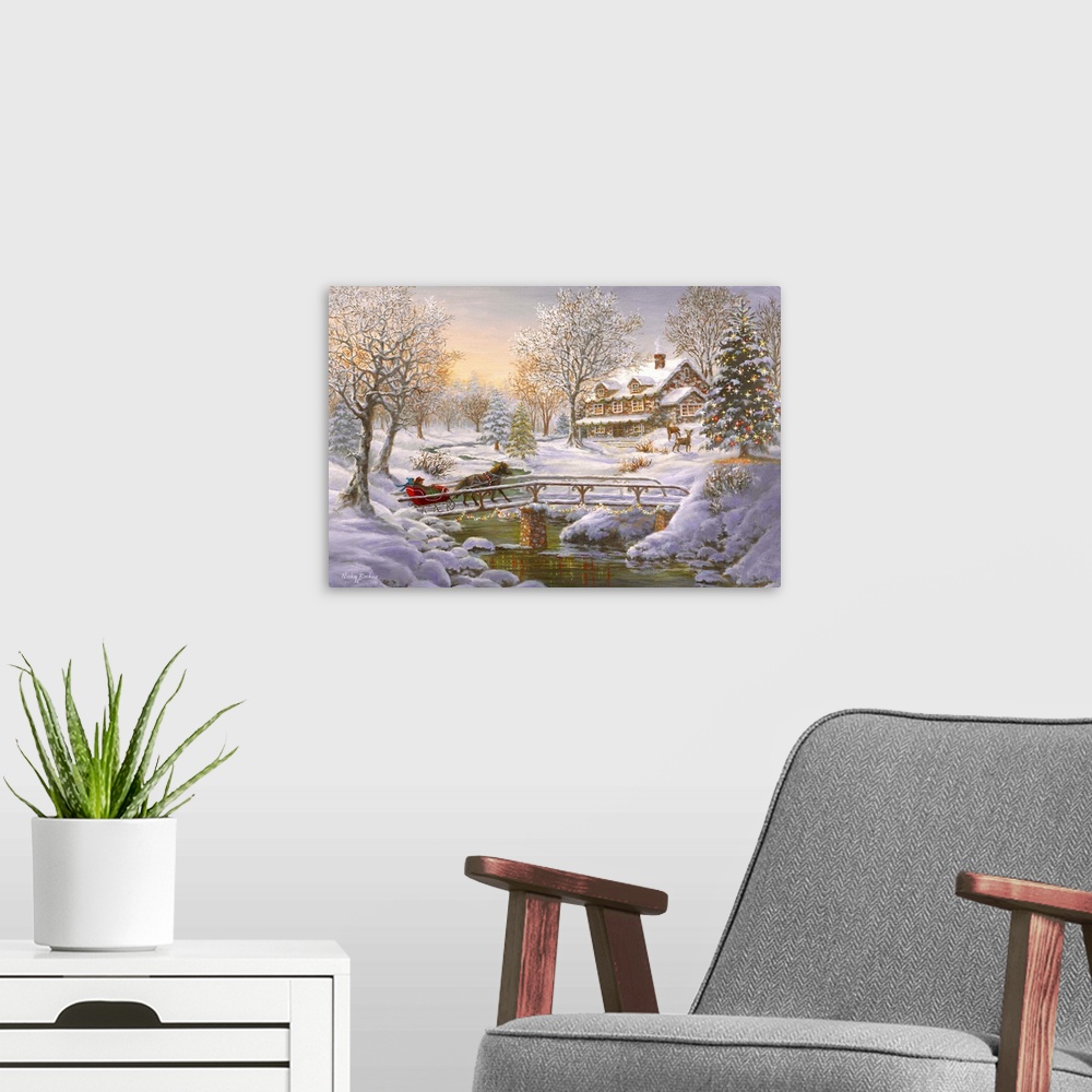 A modern room featuring Painting of village scene featuring a large Christmas tree. Product is a painting reproduction on...