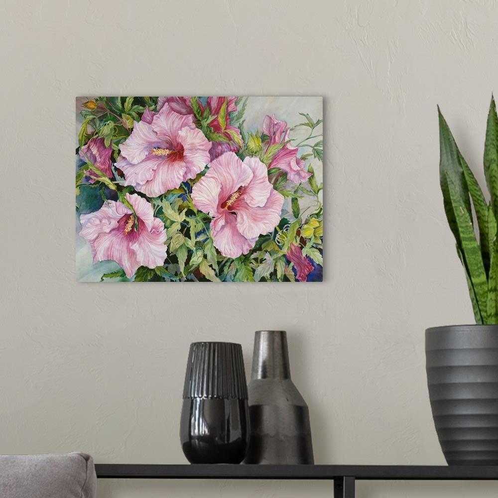 A modern room featuring Colorful contemporary painting of bright pink hibiscus flowers.
