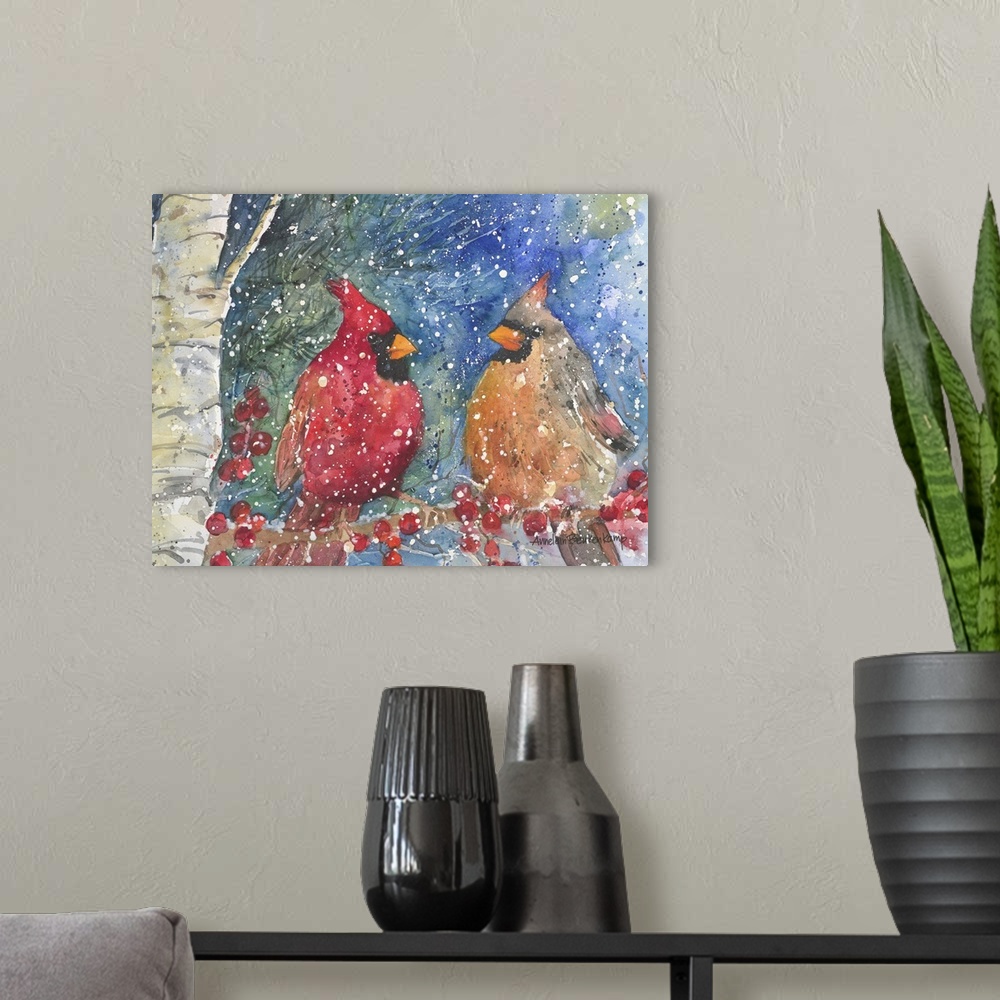 A modern room featuring Contemporary watercolor painting of two cardinals perched on a branch in the snow.