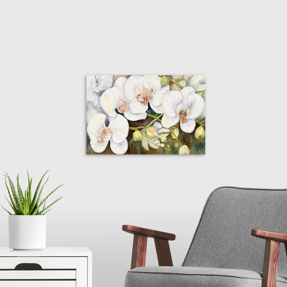 A modern room featuring Colorful contemporary painting of white orchids.