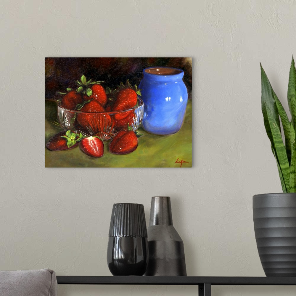 A modern room featuring Contemporary still life painting of a dish of strawberries next to a small ceramic vase.