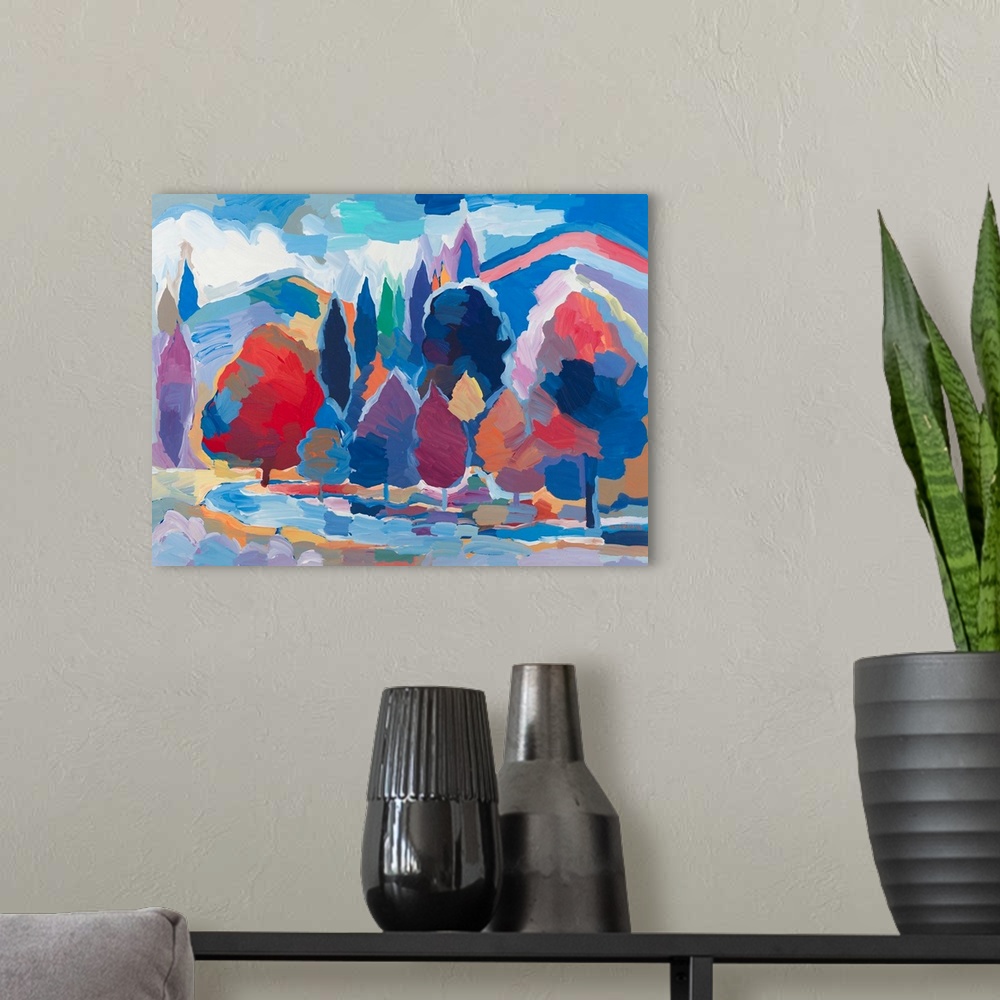 A modern room featuring Colorful abstract landscape with trees and mountains lining the side of a stream.