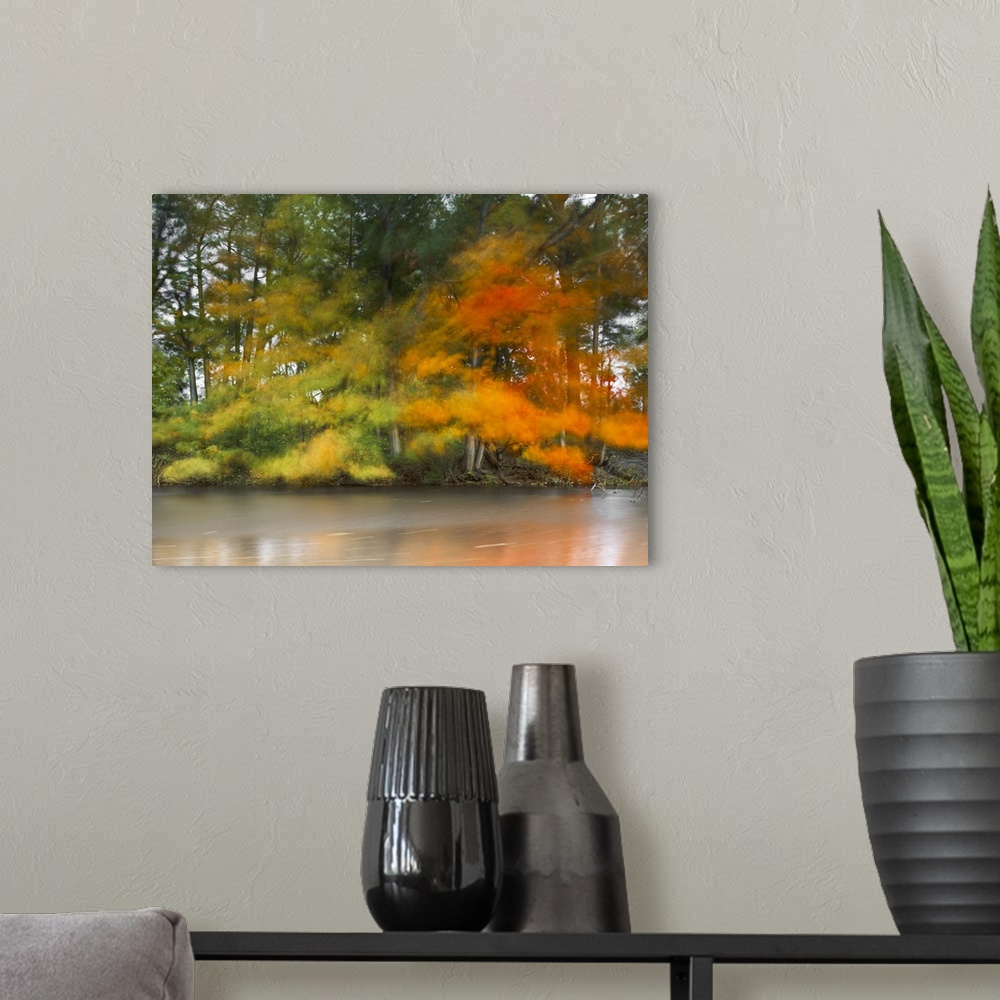 A modern room featuring An artistic photograph of motion blurred forest trees in autumn foliage.