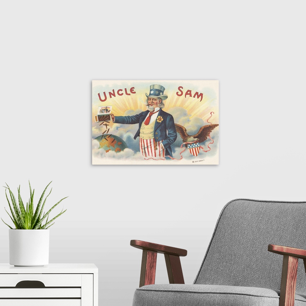 A modern room featuring Uncle Sam. Uncle Sam, smoking a cigar while dumping a box of cigars over the world, with an eagle...