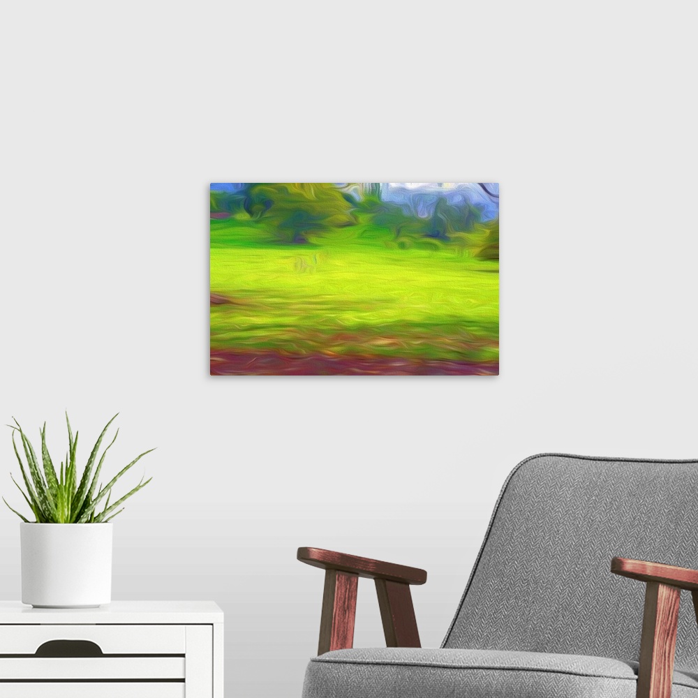 A modern room featuring Abstract photograph of a green field that has a painterly look.