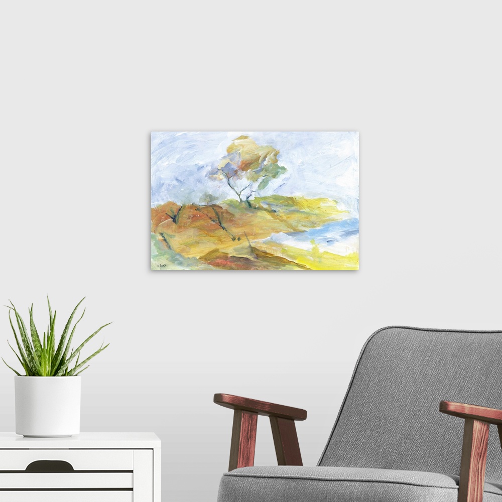 A modern room featuring Impressionist view of a coastal winter landscape with a tree bowed by wind, sea, and seashore.