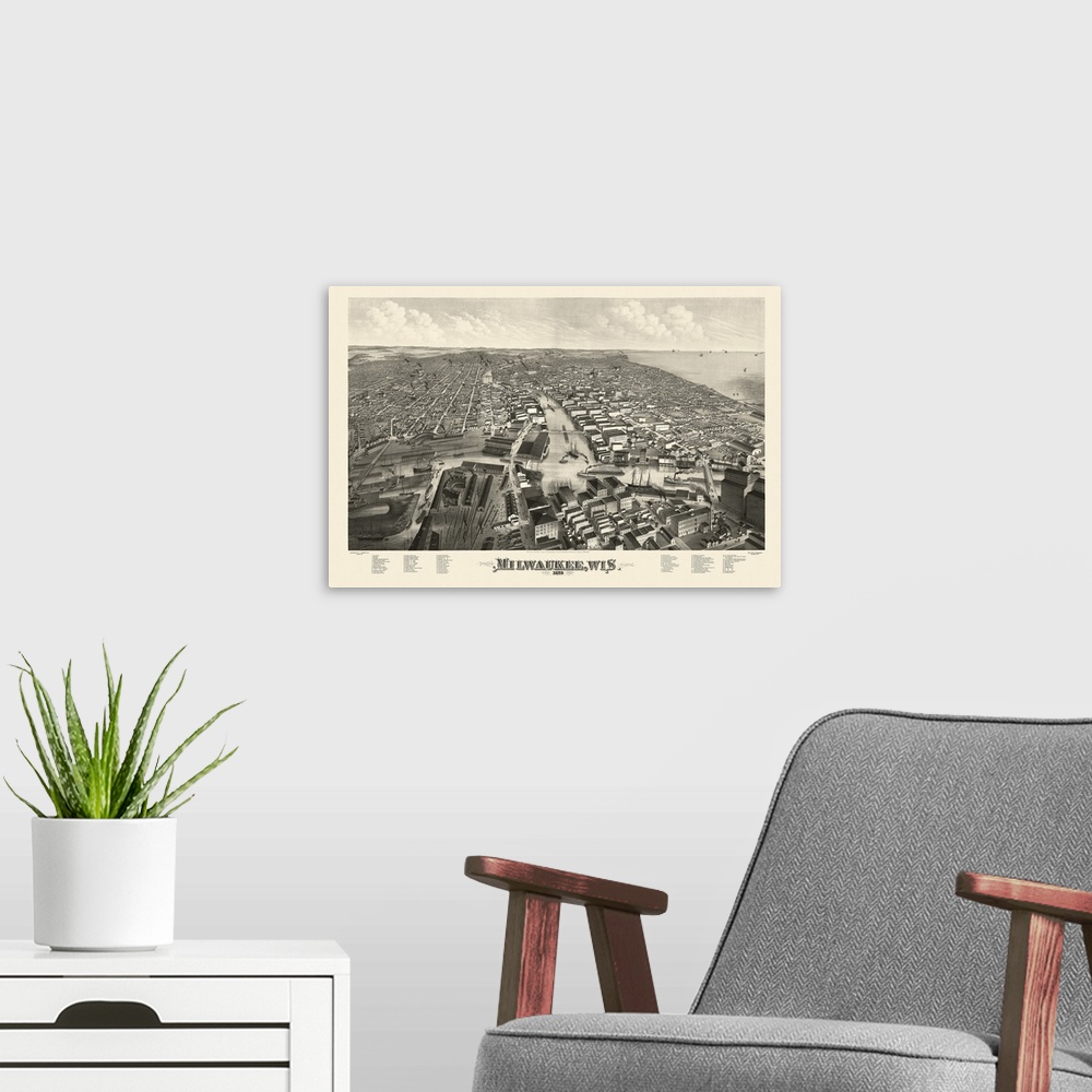 A modern room featuring Vintage Birds Eye View Map of Milwaukee, Wisconsin