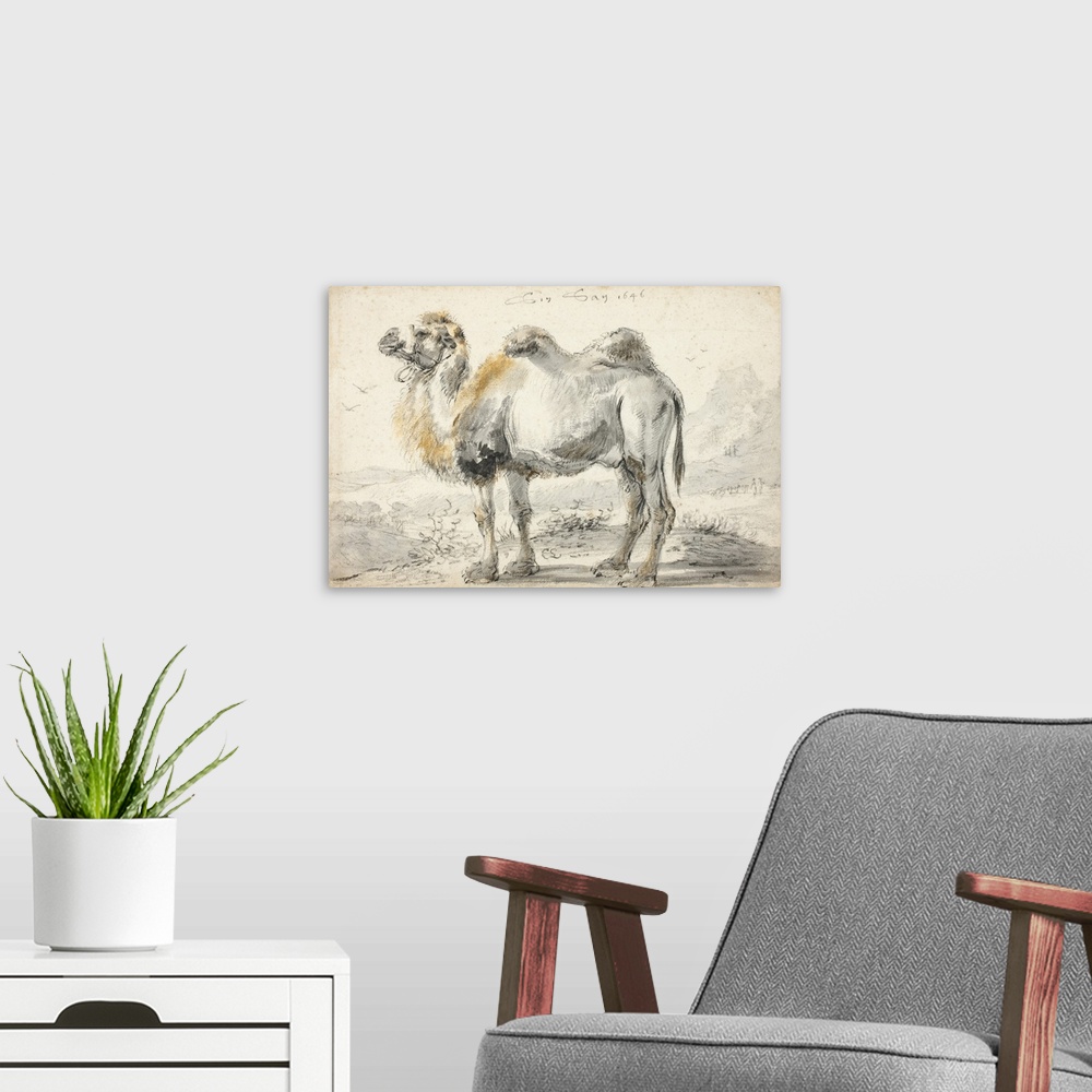 A modern room featuring A camel, black chalk, over brush and gray wash, with touches of brown and ochre chalk and ochre c...