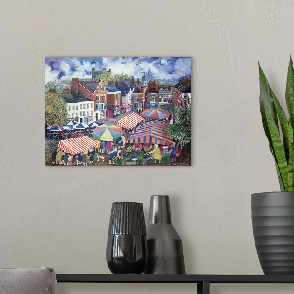 A modern room featuring Contemporary painting of several colorful tents at an outdoor market.