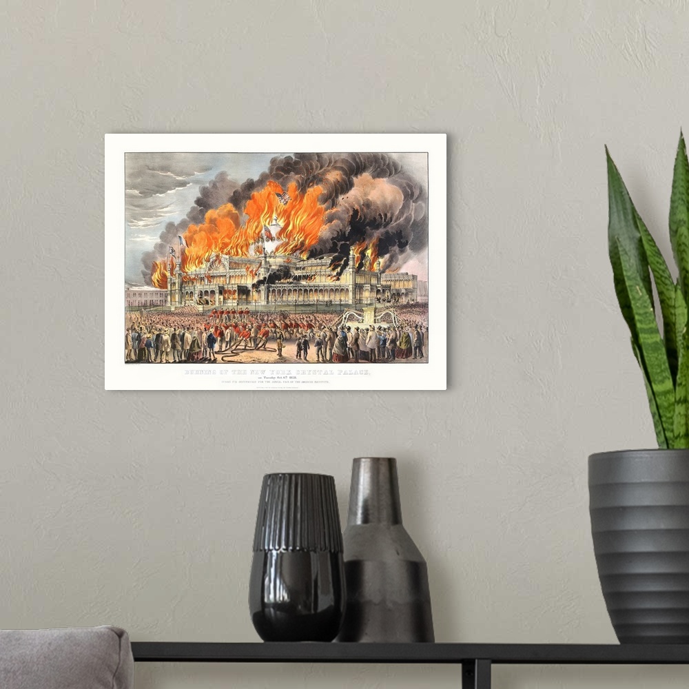 A modern room featuring Burning of the New York Crystal Palace on Tuesday October 5th 1858 (originally colour lithograph)...