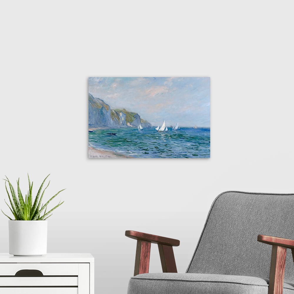 A modern room featuring A landscape painting from a classic Impressionist master, this scene shows sail boats on the sea ...
