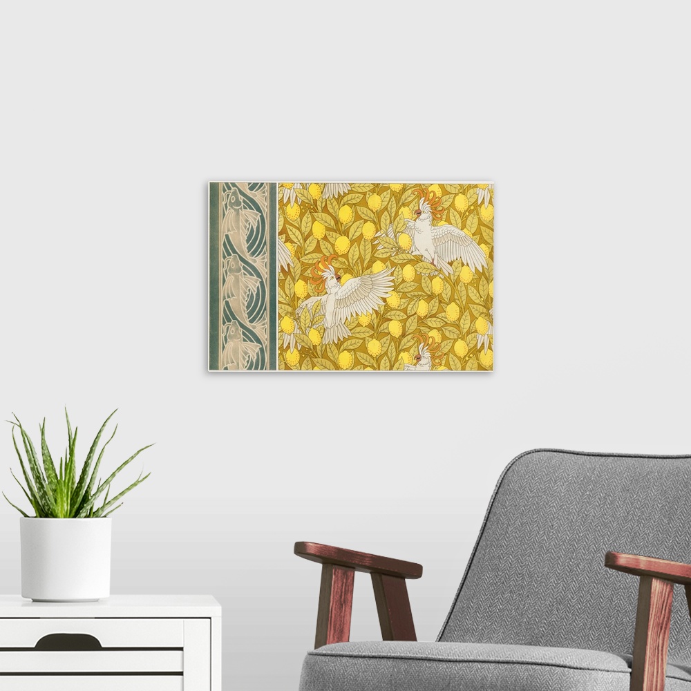 A modern room featuring Originally a colour lithograph. Design For Wallpaper "Cockatoos With Lemons" And Wallpaper Border...