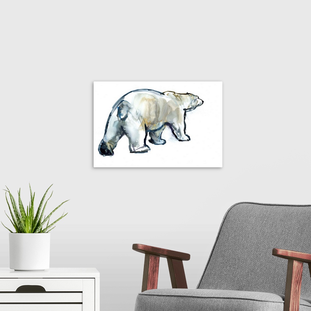 A modern room featuring Contemporary artwork of a polar bear against a white background.