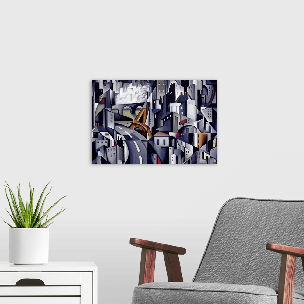 A modern room featuring Abstract artwork of a city that has the buildings and streets pieced together with different shap...