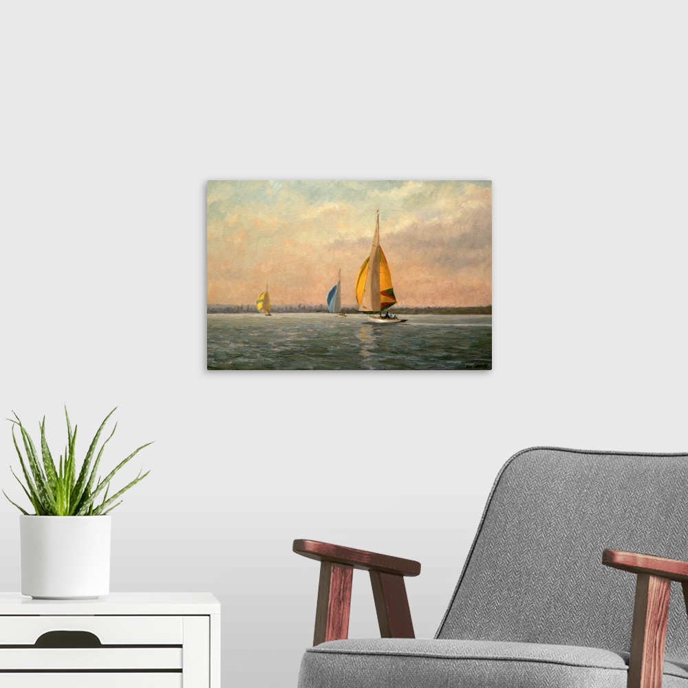 A modern room featuring Painting of sail boats on water with horizontal brush strokes. The sky is multi colored with vert...