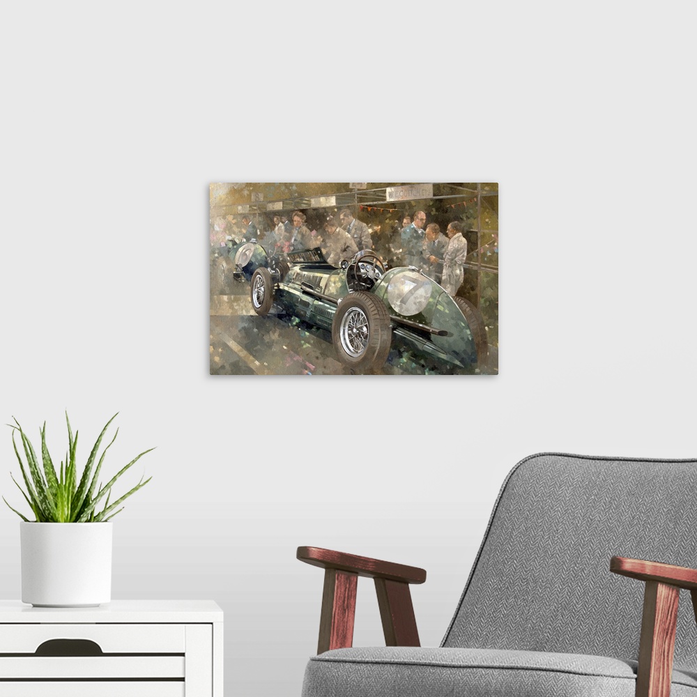 A modern room featuring This painting wall art is a painting of a vintage Italian race car surrounded by spectators at a ...