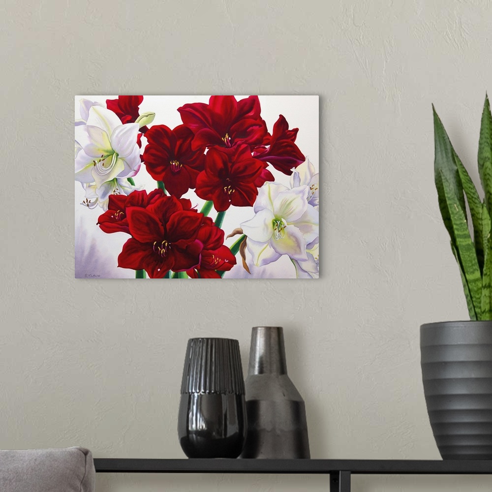 A modern room featuring Contemporary painting of a bouquet of amaryllis flowers.