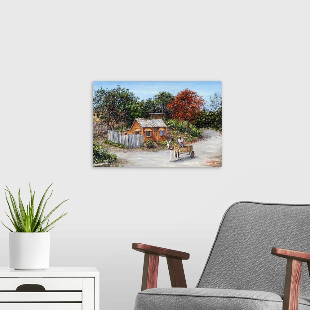 A modern room featuring An oil painting of small huts surrounded by trees with a road in front that has a man being pulle...