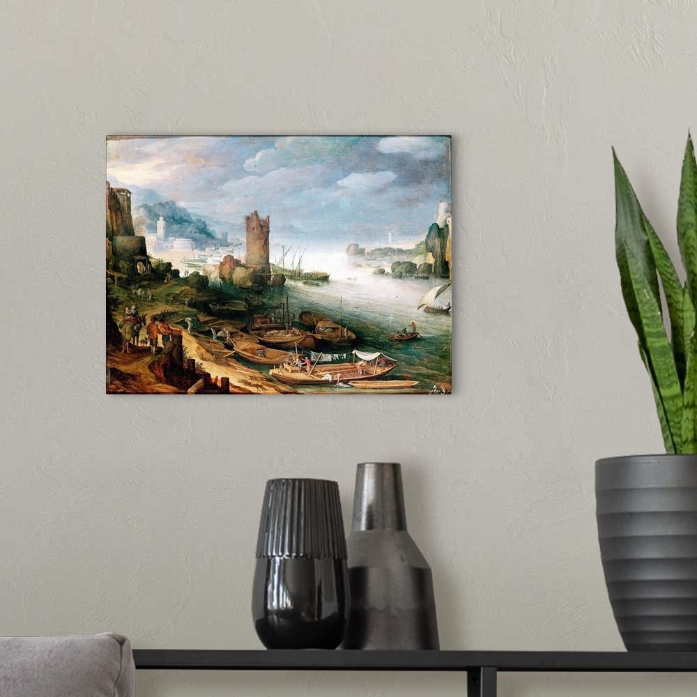 A modern room featuring XAM65625 River Scene with a Ruined Tower (oil on canvas)  by Brill or Bril, Paul (1554-1626); 21....