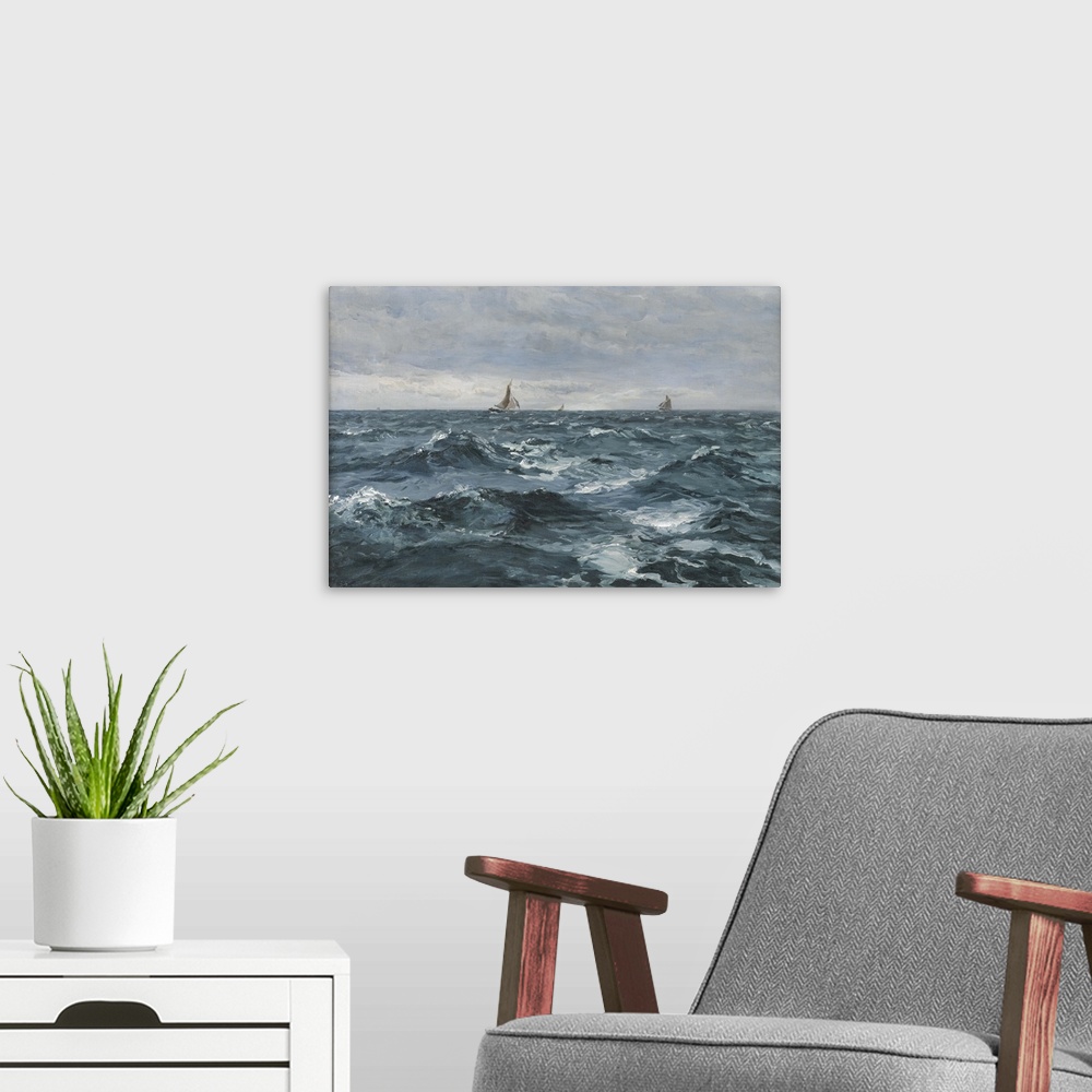 A modern room featuring Sail on a Rough Sea, oil on canvas.