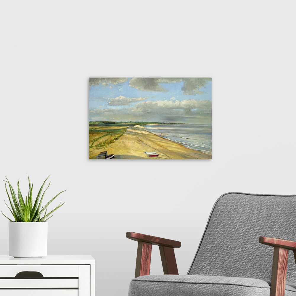 A modern room featuring Landscape painting on a large wall hanging of the coastline looking towards Southwold, Suffolk, E...