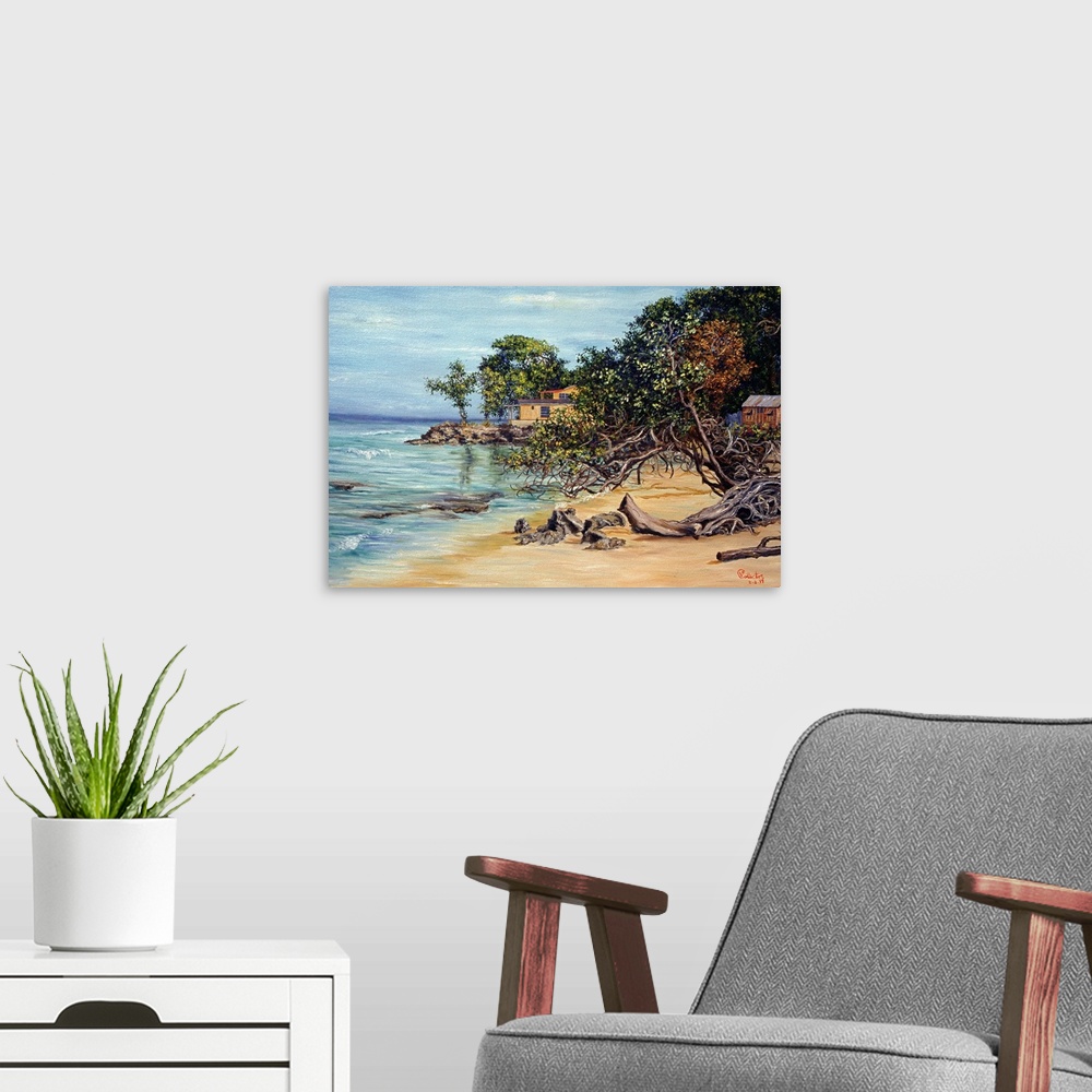 A modern room featuring Painting of beach house surrounded by trees at shoreline covered in driftwood.