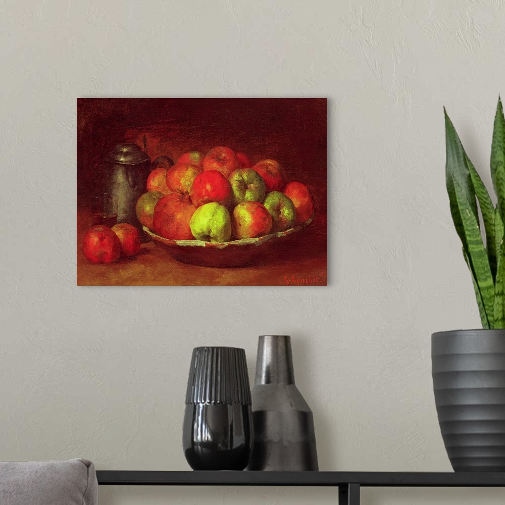 A modern room featuring Oil painting on canvas of a bowl full of fruit and a glass and jar next to it.