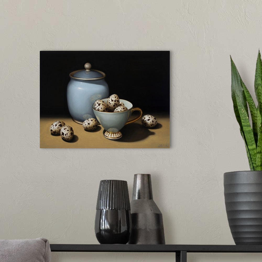 A modern room featuring Still Life With Duck Egg Blue, 2018