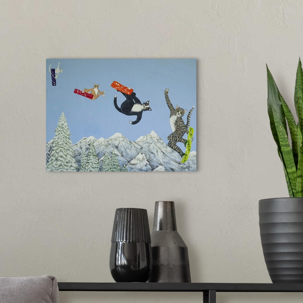 A modern room featuring Contemporary whimsical artwork of cats snowboarding.