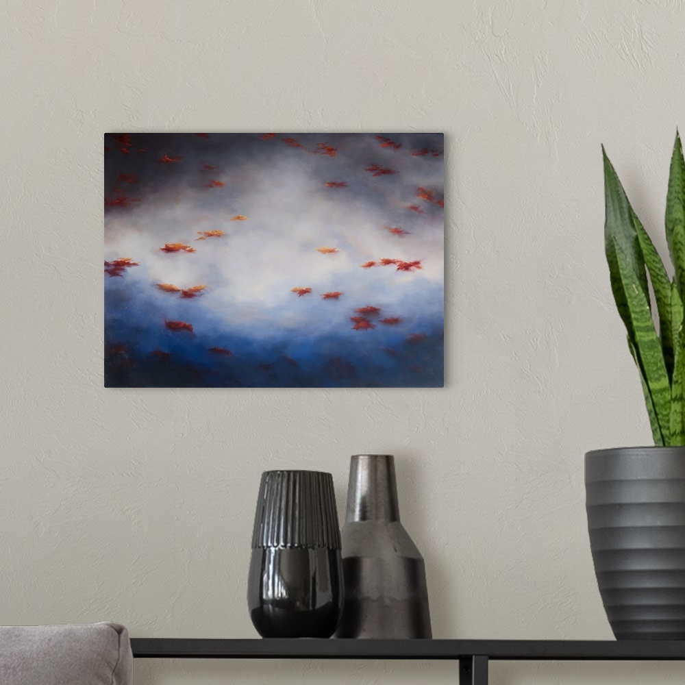 A modern room featuring Red leaves floating on water with clouds reflected