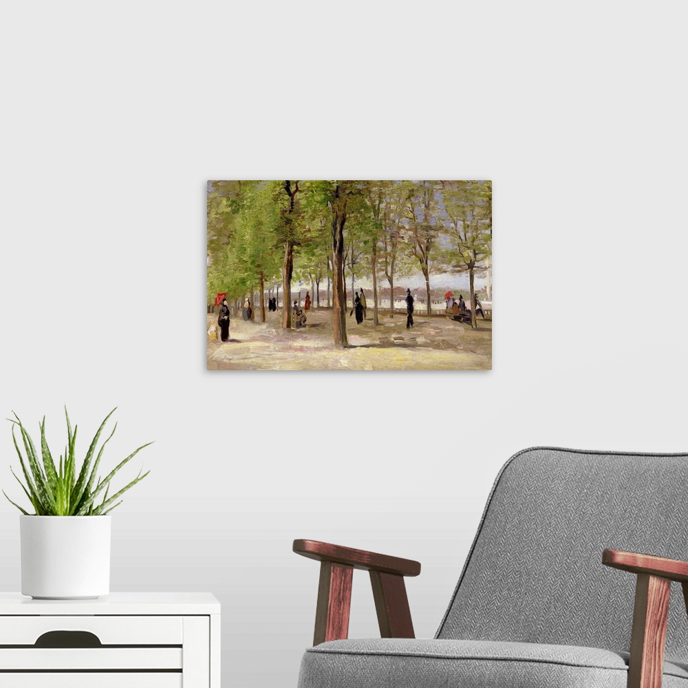 A modern room featuring Muted antique painting of people strolling through a wooded park.  Some people are carrying umbre...
