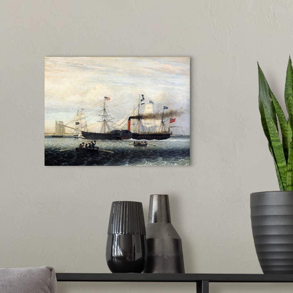 A modern room featuring The Britannia Entering Boston Harbour, 1848 (oil on canvas)