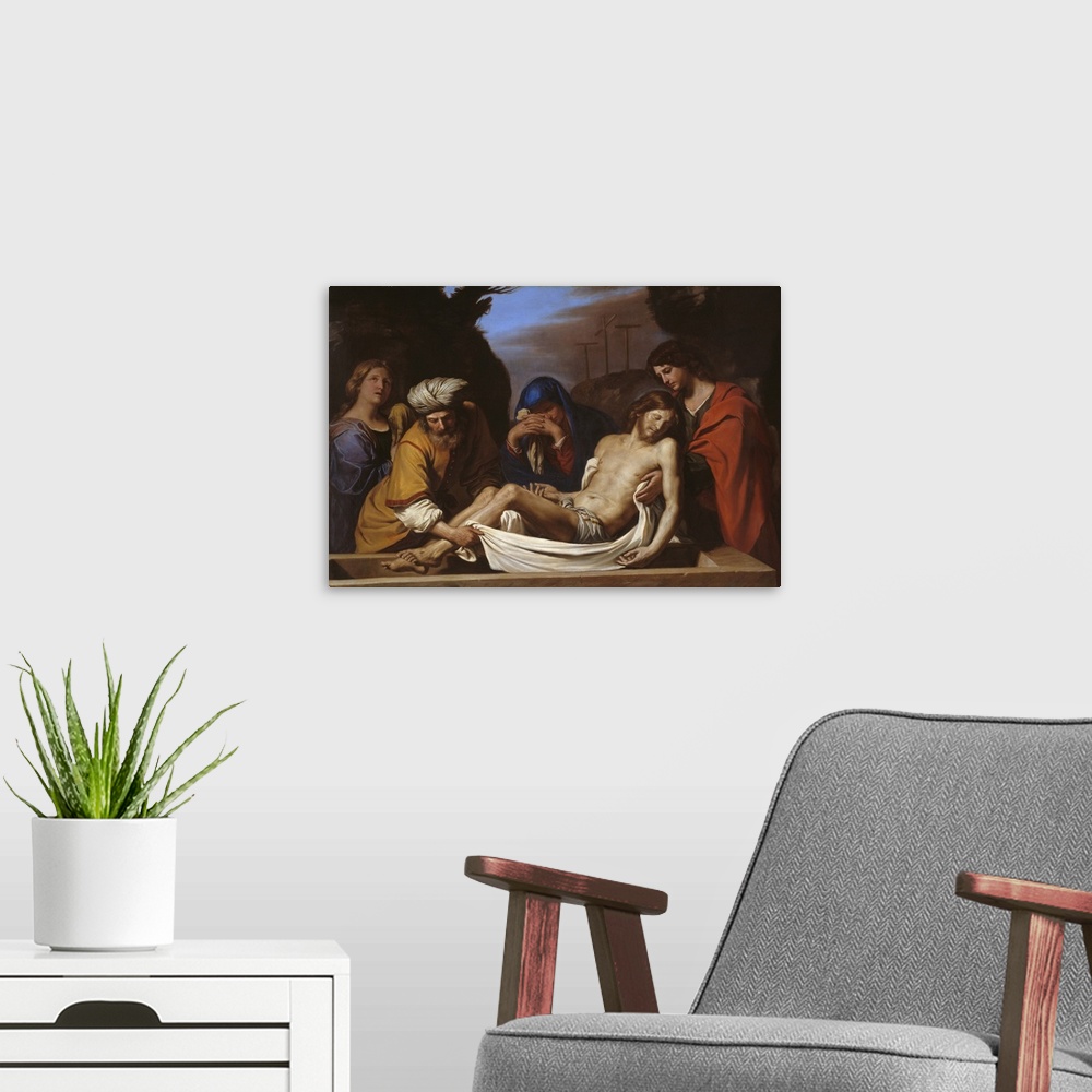 A modern room featuring The Entombment, c.1656, oil on canvas.