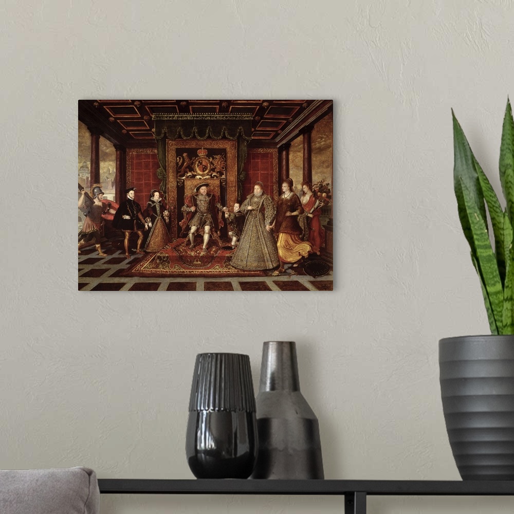 A modern room featuring BAL72719 The Family of Henry VIII: An Allegory of the Tudor Succession, c.1570-75 (panel)  by Hee...