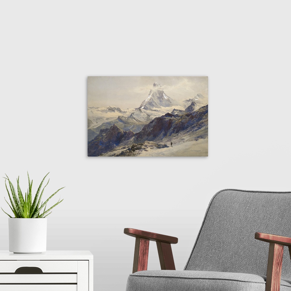 A modern room featuring The Matterhorn seen from near the Rothorn Hut, watercolor on paper.  By Edward Theodore Compton (...