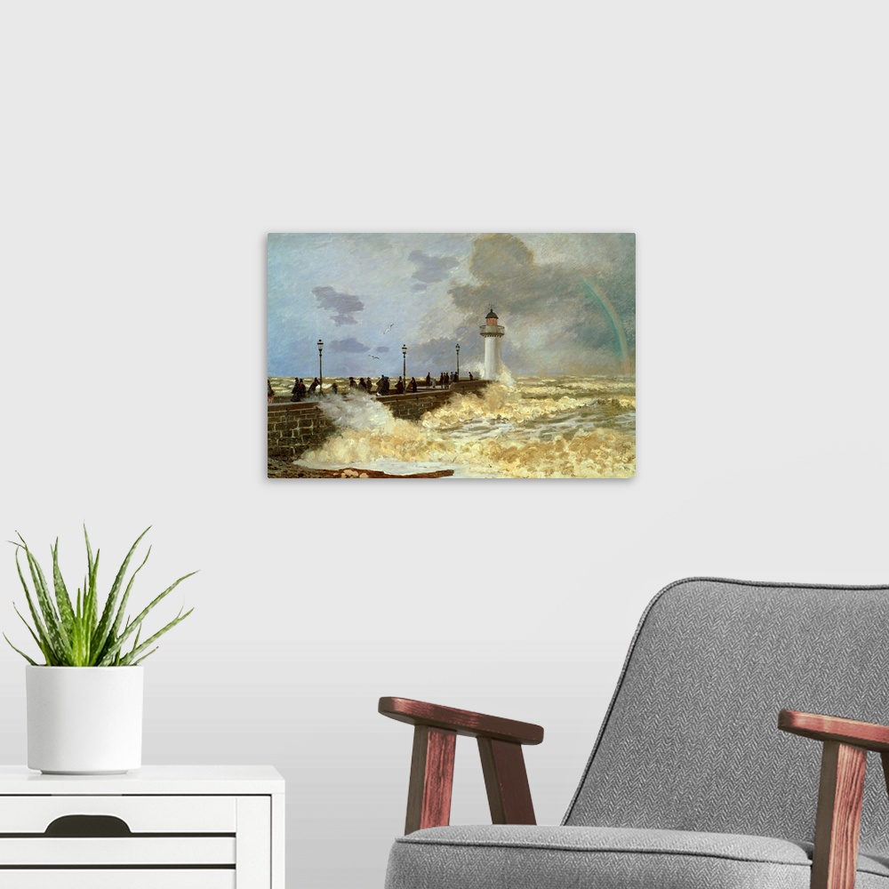 A modern room featuring Classic painting of a concrete pier in the ocean with a lighthouse at the end and storm waves spl...