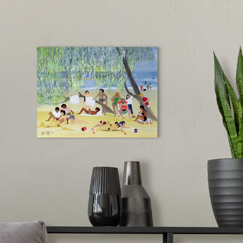 A modern room featuring Contemporary painting of people resting on the beach under a tree.