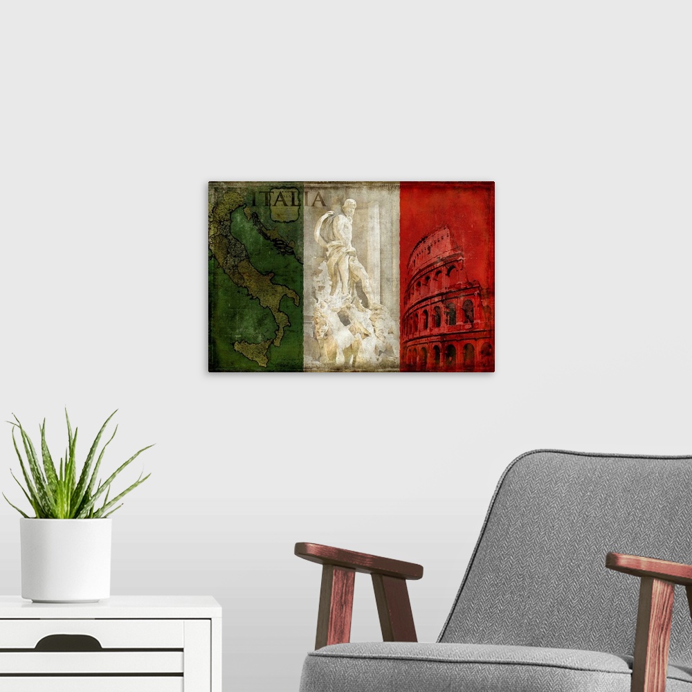 A modern room featuring Weathered flag of Italy with illustrations of famous landmarks on top.