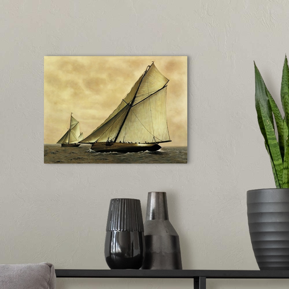 A modern room featuring Contemporary painting of sailboats in the middle of the ocean with the wind blowing to the right.