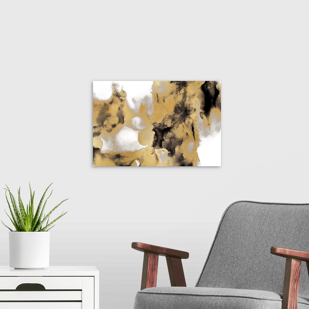 A modern room featuring Abstract painting with black, gray, and metallic gold on a white background.