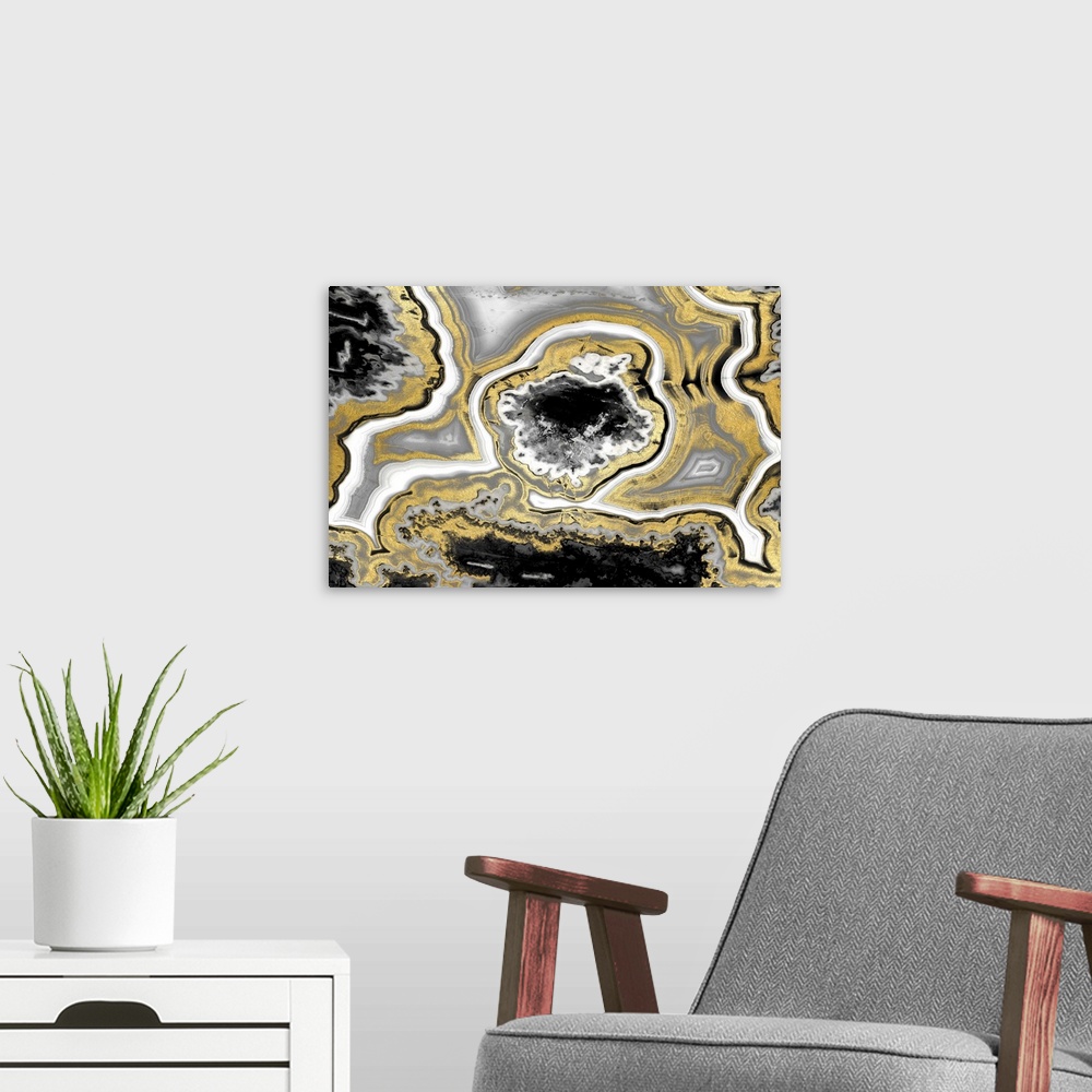 A modern room featuring Decor with a gold, white, black, and gray agate pattern.