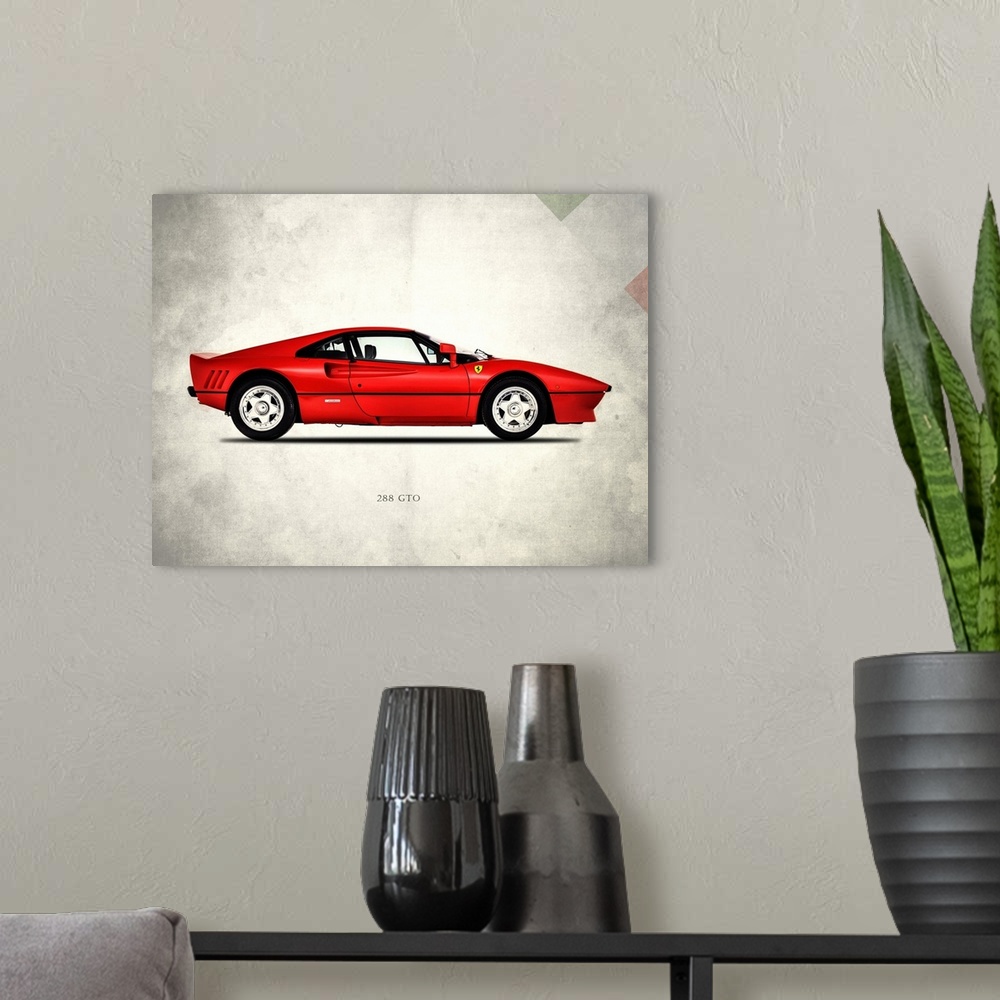 A modern room featuring Photograph of a red Ferrari 288 printed on a distressed white and gray background with part of th...