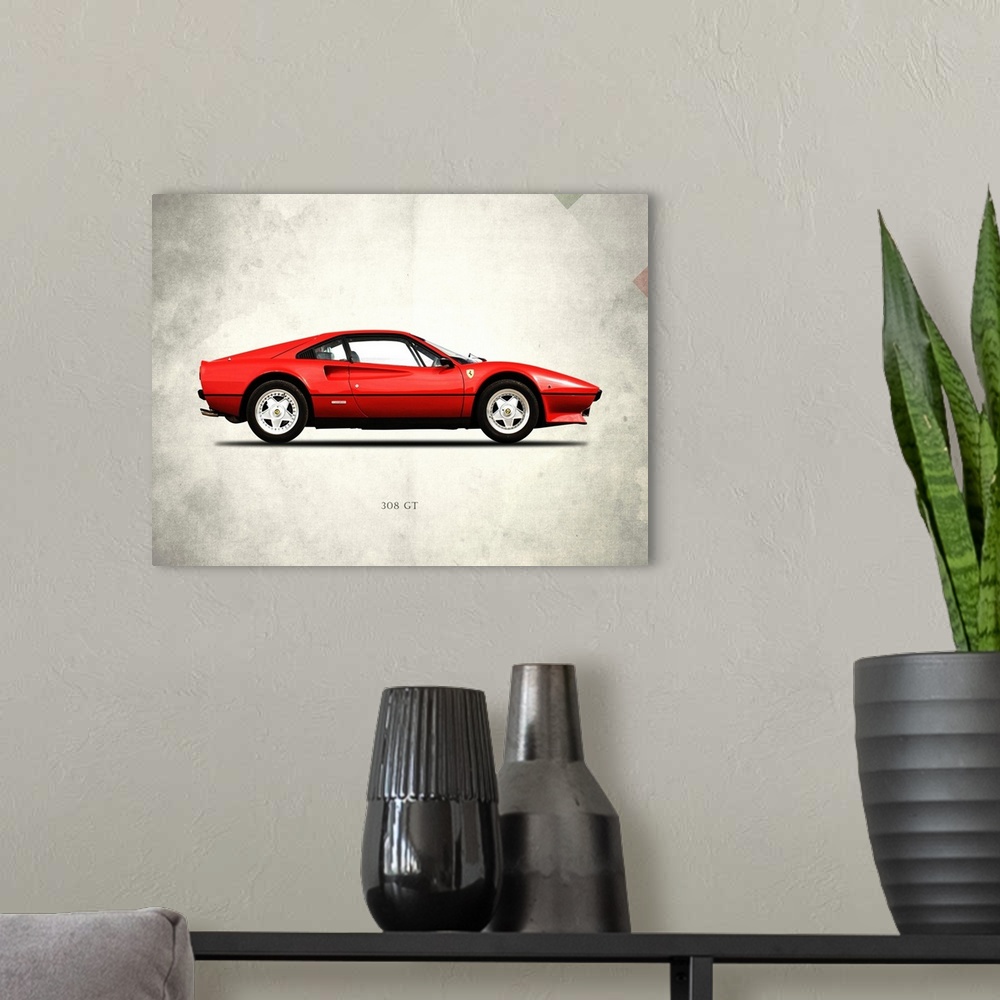 A modern room featuring Photograph of a red Ferrari 308GT Berlinetta 1977 printed on a distressed white and gray backgrou...