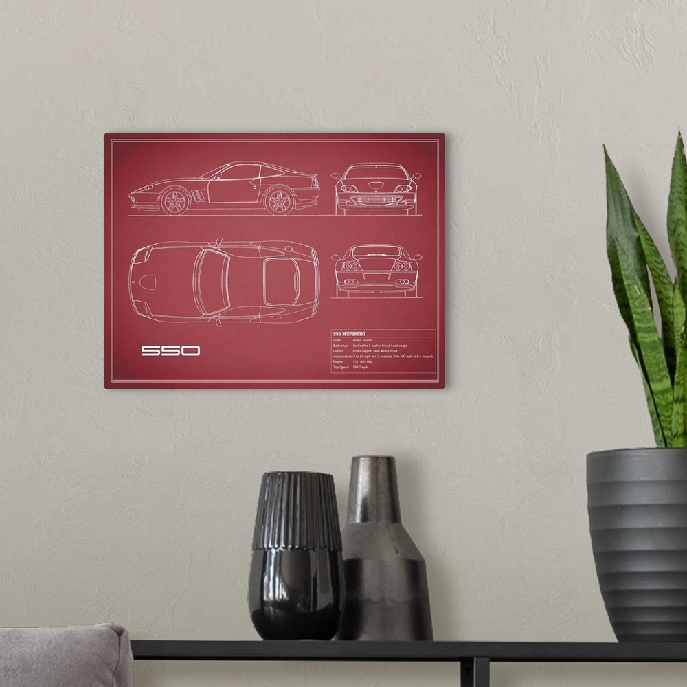 A modern room featuring Antique style blueprint diagram of a Ferrari 550 printed on a Maroon background.