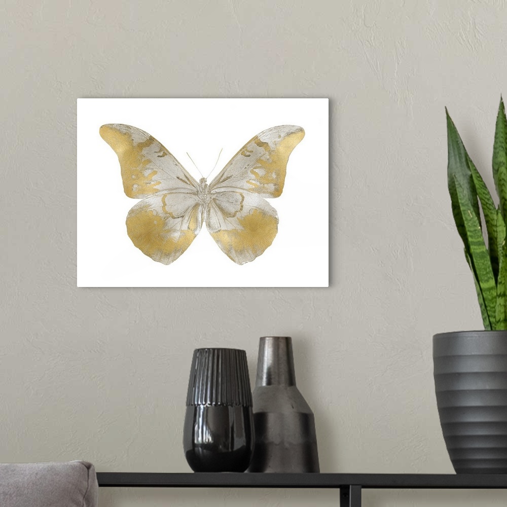 A modern room featuring Illustration of a gold and silver butterfly on a white background.