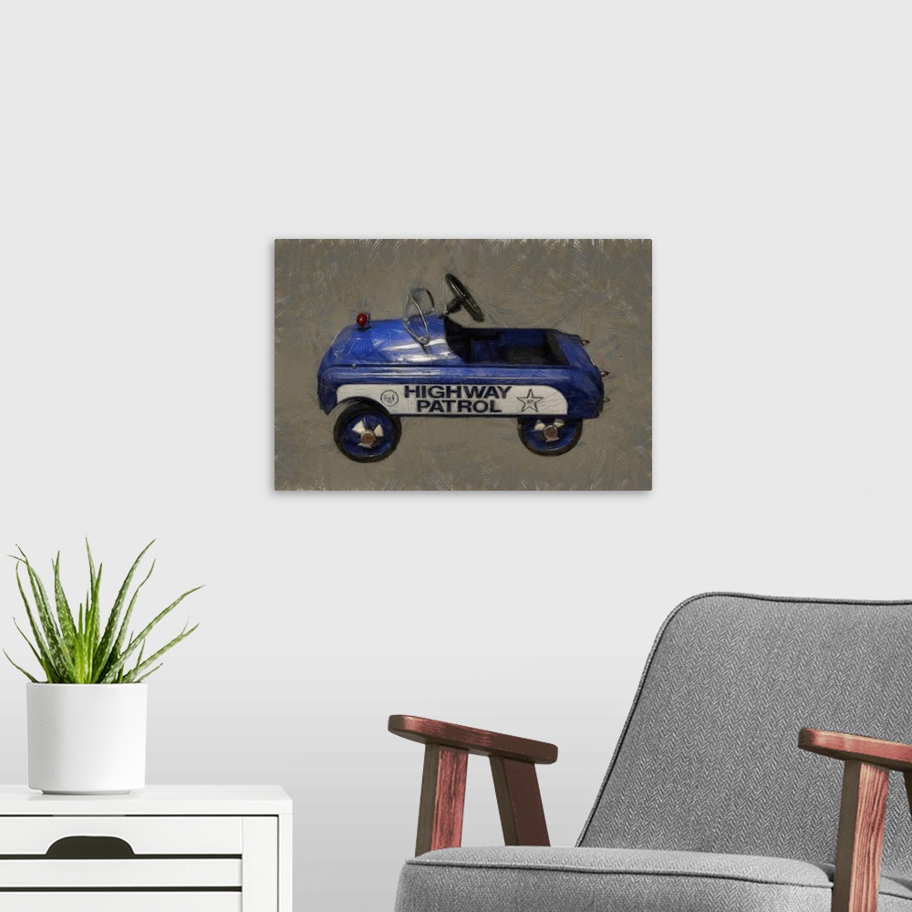A modern room featuring Highway Patrol Pedal Car